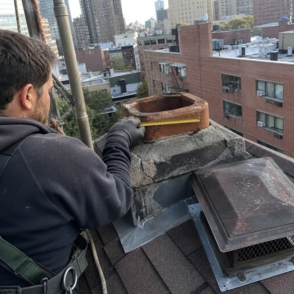 Technician measuring a chimney crown for custom cap installation nationwide