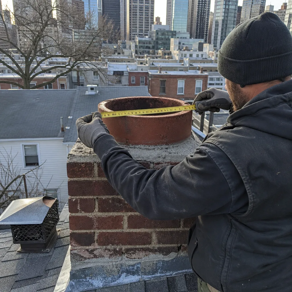 Chimney professional measuring a flue liner for a custom chimney cap installation. nationwide