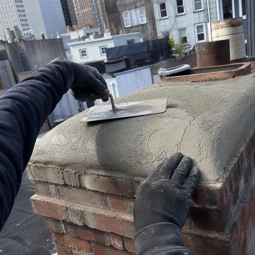 Professional contractor applying a new concrete chimney crown repair nationwide