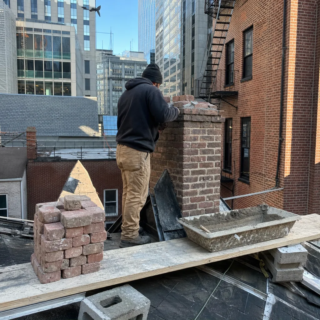 A professional mason performing a chimney liner and brick rebuild project. in Brooklyn Heights, NY