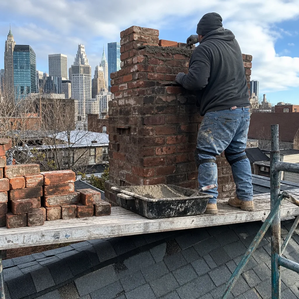 Professional mason performing chimney liner and rebuild services on a rooftop nationwide