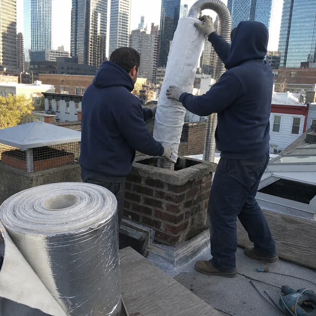 Technicians installing an insulated chimney liner during a chimney rebuild nationwide